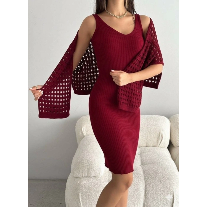 MDB Kadın Uzun Kollu Delikli Kazak Askılı Elbise Triko Ikili Takım