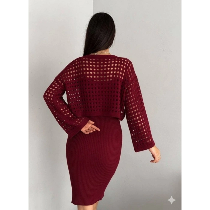 MDB Kadın Uzun Kollu Delikli Kazak Askılı Elbise Triko Ikili Takım