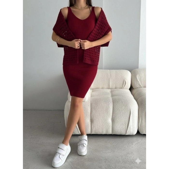 MDB Kadın Uzun Kollu Delikli Kazak Askılı Elbise Triko Ikili Takım