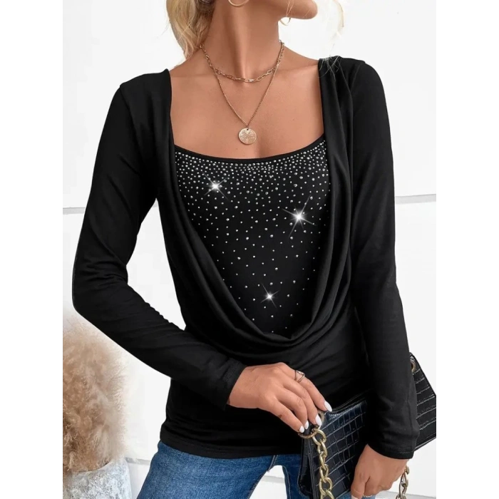 MDB Kadın Uzun Kollu Derin Degaje Yakalı Taşlı Sandy Bluz