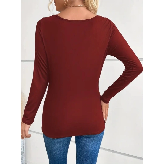 MDB Kadın Uzun Kollu Derin Degaje Yakalı Taşlı Sandy Bluz