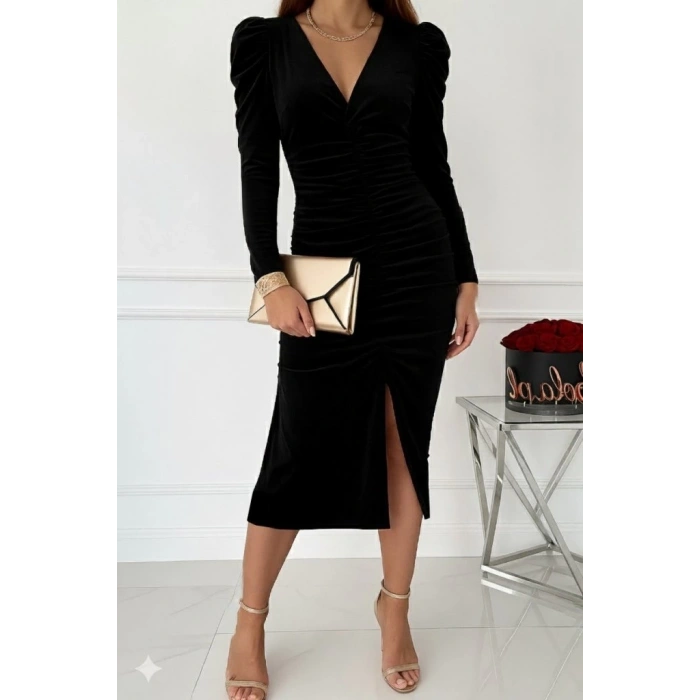 MDB Kadın Uzun Kollu Derin Kruvaze Yakalı önden Büzgülü Yırtmaç Detaylı Kadife Midi Elbise