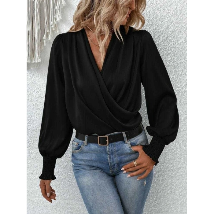 MDB Kadın Uzun Kollu Dökümlü Kruvaze Yaka Kol Ucu Gipeli Sandy Bluz