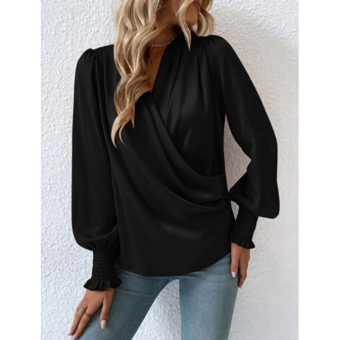 MDB Kadın Uzun Kollu Dökümlü Kruvaze Yaka Kol Ucu Gipeli Sandy Bluz