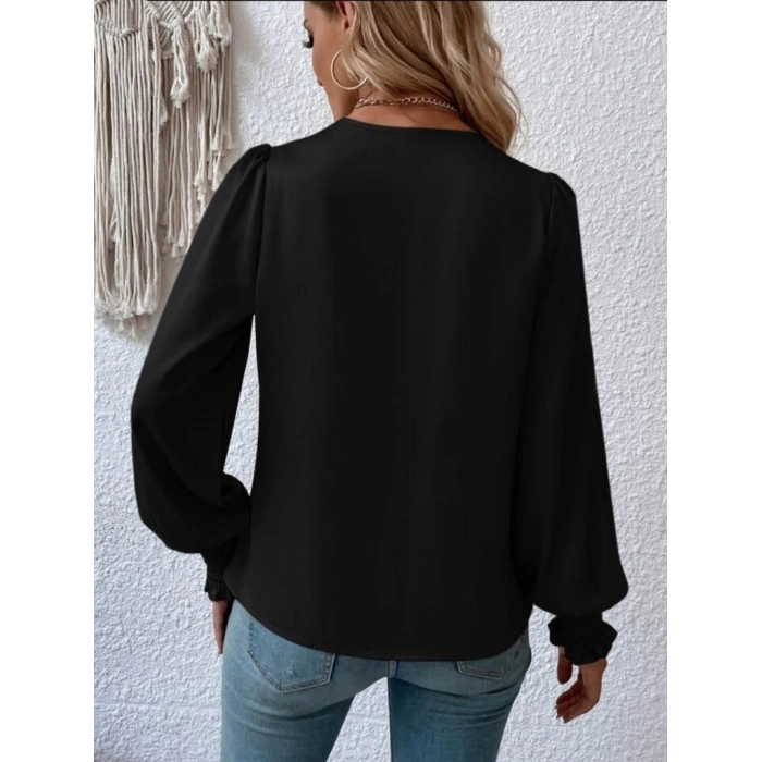 MDB Kadın Uzun Kollu Dökümlü Kruvaze Yaka Kol Ucu Gipeli Sandy Bluz