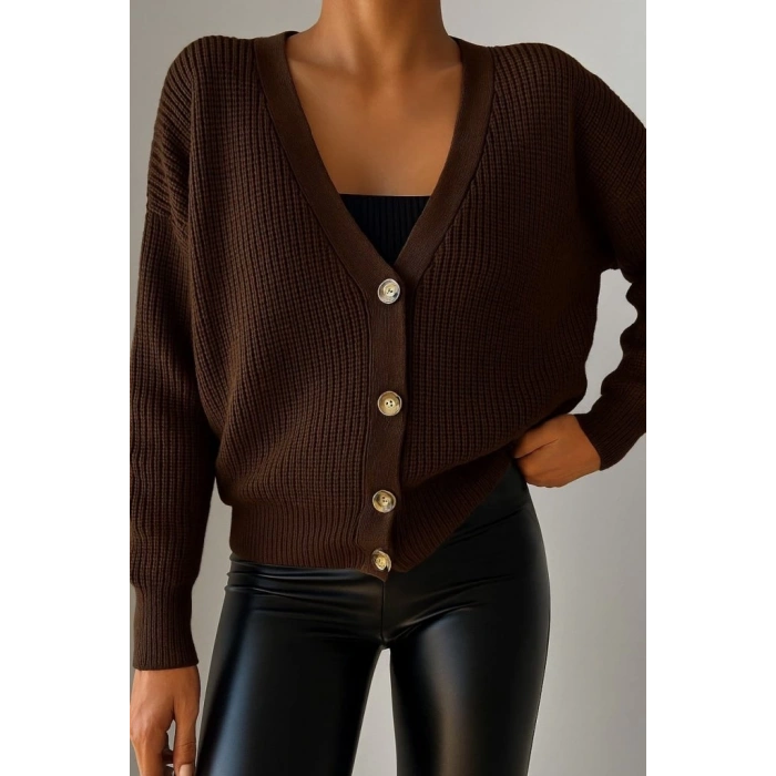 MDB Kadın Uzun Kollu Düğme Detay Triko Hırka