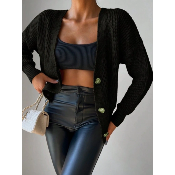 MDB Kadın Uzun Kollu Düğme Detay Triko Hırka