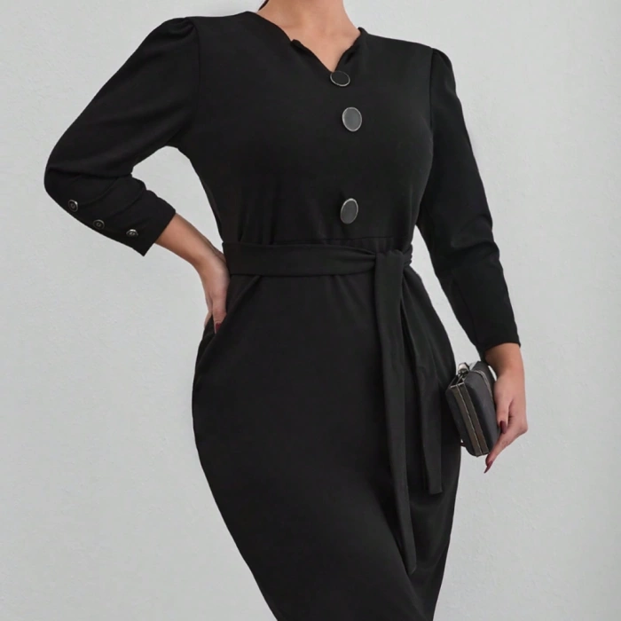 MDB Kadın Uzun Kollu Düğme Detaylı Kendinden Kemerli Ithal Krep Elbise