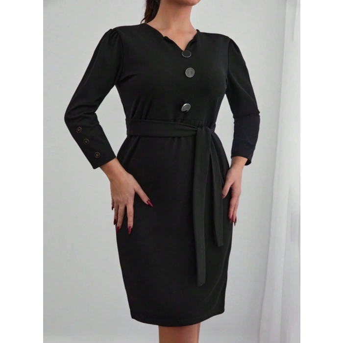 MDB Kadın Uzun Kollu Düğme Detaylı Kendinden Kemerli Ithal Krep Elbise