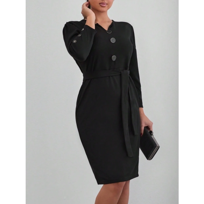 MDB Kadın Uzun Kollu Düğme Detaylı Kendinden Kemerli Ithal Krep Elbise