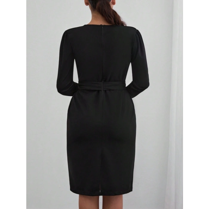 MDB Kadın Uzun Kollu Düğme Detaylı Kendinden Kemerli Ithal Krep Elbise