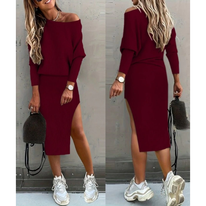 MDB Kadın Uzun Kollu Düşük Omuz Yırtmaç Detay Kaşkorse Etek Bluz Ikili Takım