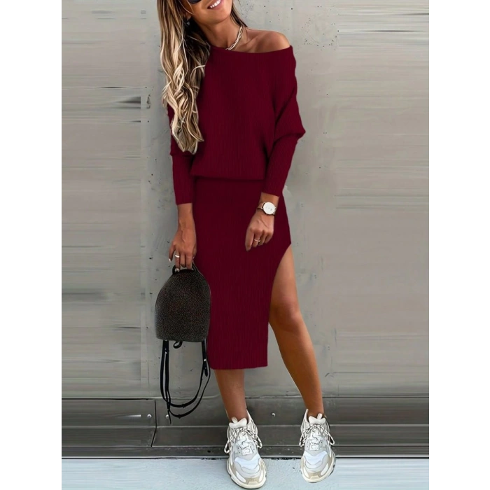 MDB Kadın Uzun Kollu Düşük Omuz Yırtmaç Detay Kaşkorse Etek Bluz Ikili Takım