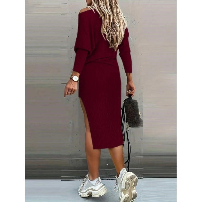 MDB Kadın Uzun Kollu Düşük Omuz Yırtmaç Detay Kaşkorse Etek Bluz Ikili Takım