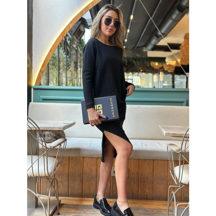 MDB Kadın Uzun Kollu Düşük Omuz Yırtmaç Detay Kaşkorse Etek Bluz Ikili Takım