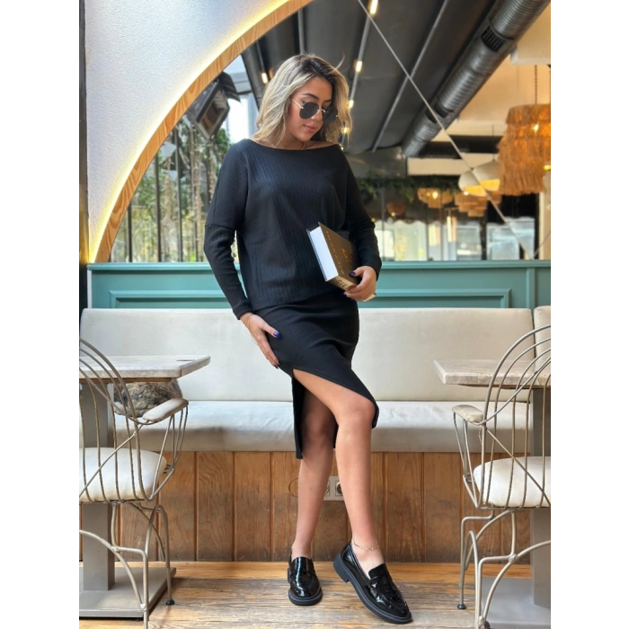 MDB Kadın Uzun Kollu Düşük Omuz Yırtmaç Detay Kaşkorse Etek Bluz Ikili Takım