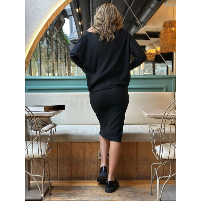 MDB Kadın Uzun Kollu Düşük Omuz Yırtmaç Detay Kaşkorse Etek Bluz Ikili Takım