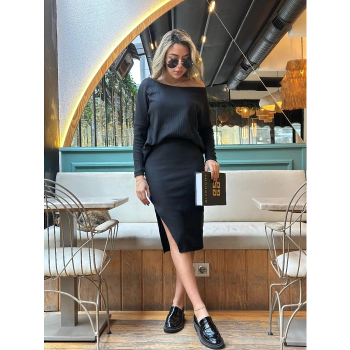 MDB Kadın Uzun Kollu Düşük Omuz Yırtmaç Detay Kaşkorse Etek Bluz Ikili Takım