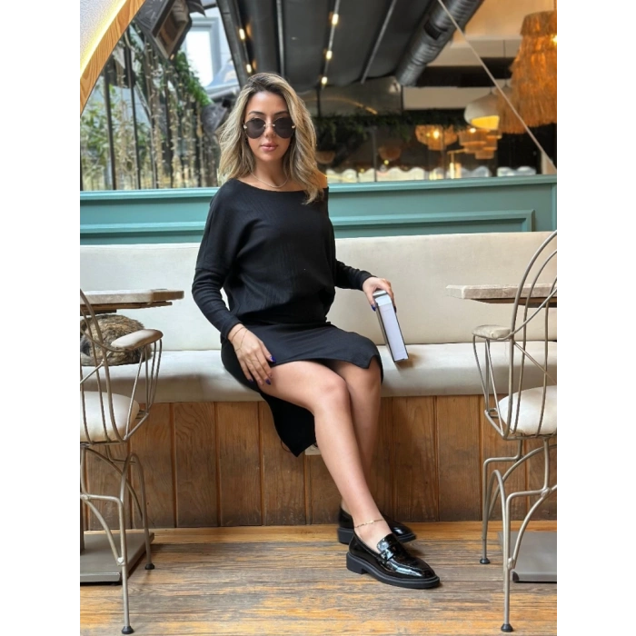 MDB Kadın Uzun Kollu Düşük Omuz Yırtmaç Detay Kaşkorse Etek Bluz Ikili Takım