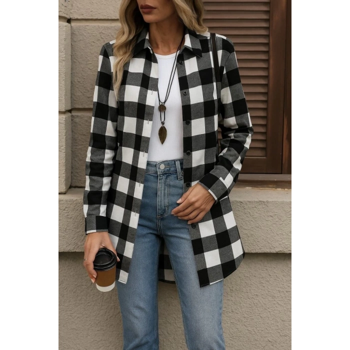 MDB Kadın Uzun Kollu Ekoseli önden Düğmeli Dokuma Uzun Gömlek