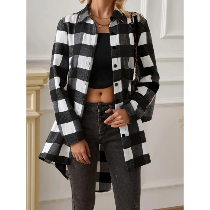 MDB Kadın Uzun Kollu Ekoseli önden Düğmeli Dokuma Uzun Gömlek