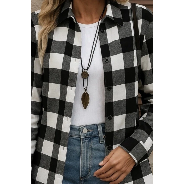 MDB Kadın Uzun Kollu Ekoseli önden Düğmeli Dokuma Uzun Gömlek