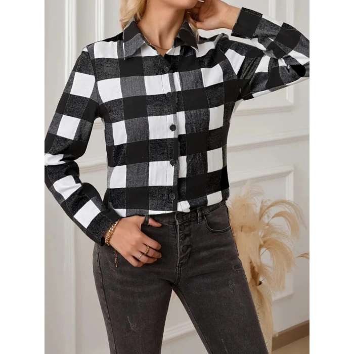 MDB Kadın Uzun Kollu Ekoseli önden Düğmeli Dokuma Uzun Gömlek