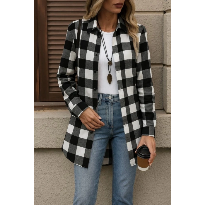 MDB Kadın Uzun Kollu Ekoseli önden Düğmeli Dokuma Uzun Gömlek