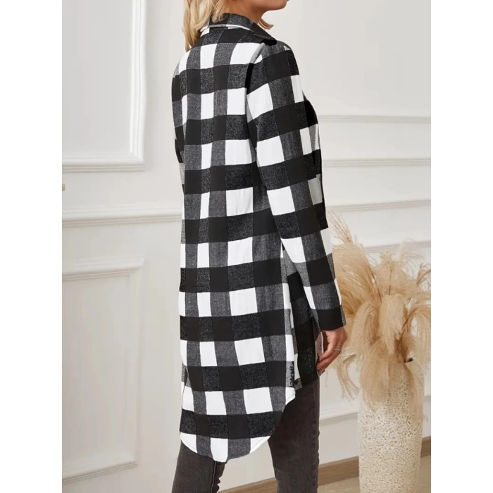 MDB Kadın Uzun Kollu Ekoseli önden Düğmeli Dokuma Uzun Gömlek