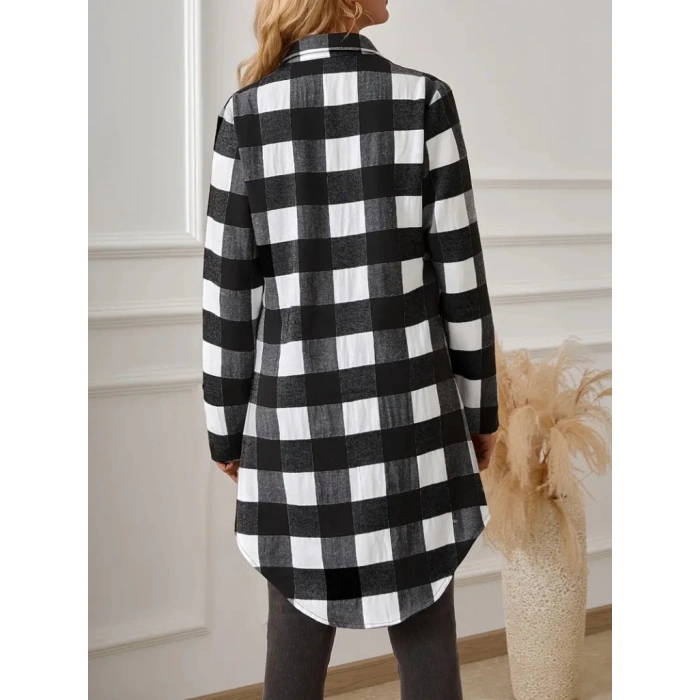 MDB Kadın Uzun Kollu Ekoseli önden Düğmeli Dokuma Uzun Gömlek