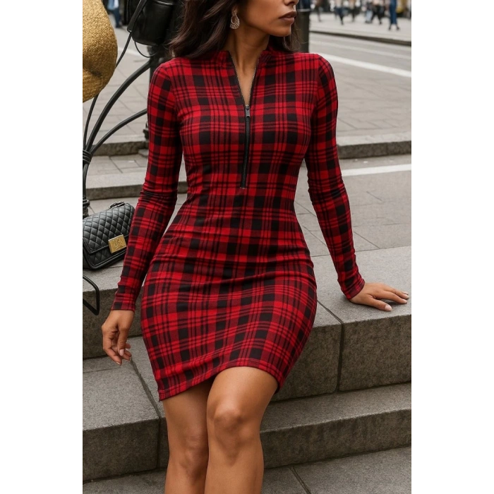 MDB Kadın Uzun Kollu Fermuarlı Ekose Baskılı Dalgıç Elbise