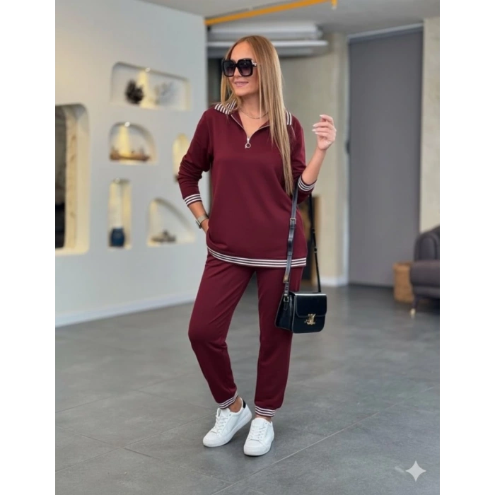 MDB Kadın Uzun Kollu Fermuarlı şerit Detay Desenli Alt üst Ikili Viskon Iki Iplik Takım