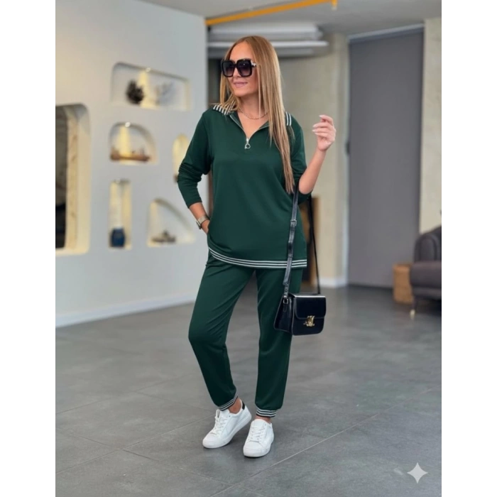 MDB Kadın Uzun Kollu Fermuarlı şerit Detay Desenli Alt üst Ikili Viskon Iki Iplik Takım