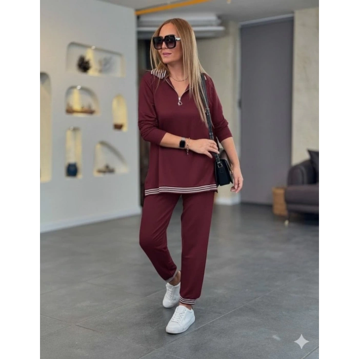 MDB Kadın Uzun Kollu Fermuarlı şerit Detay Desenli Alt üst Ikili Viskon Iki Iplik Takım