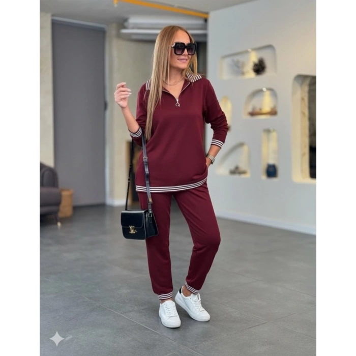 MDB Kadın Uzun Kollu Fermuarlı şerit Detay Desenli Alt üst Ikili Viskon Iki Iplik Takım