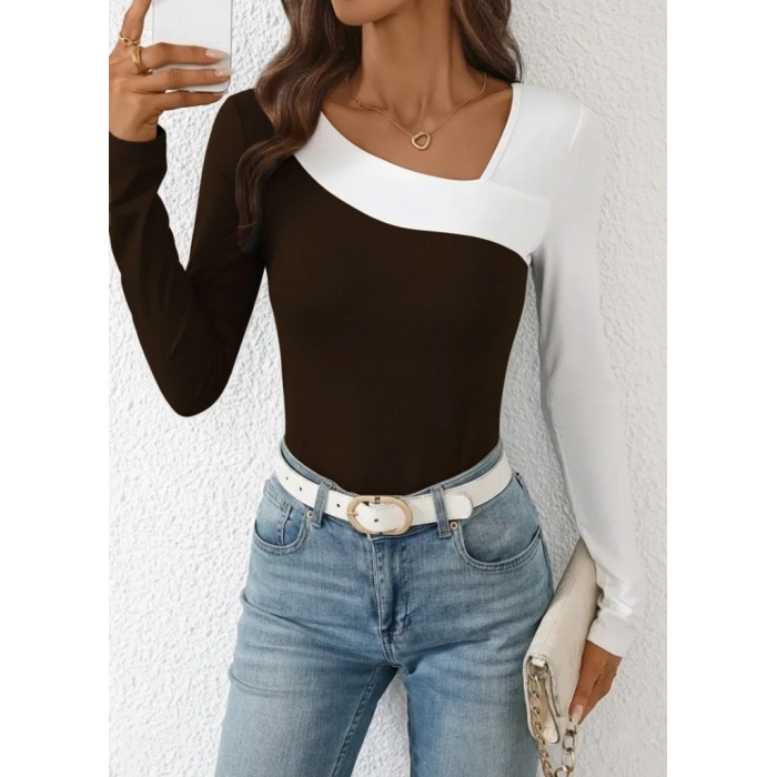 MDB Kadın Uzun Kollu Geometrik Yaka Detaylı çift Renkli Viskon Bluz