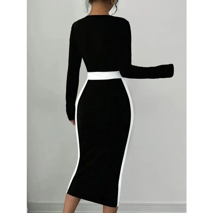 MDB Kadın Uzun Kollu Geometrik Yaka Midi Ithal Krep Elbise