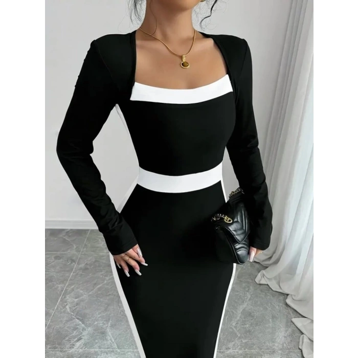 MDB Kadın Uzun Kollu Geometrik Yaka Midi Ithal Krep Elbise