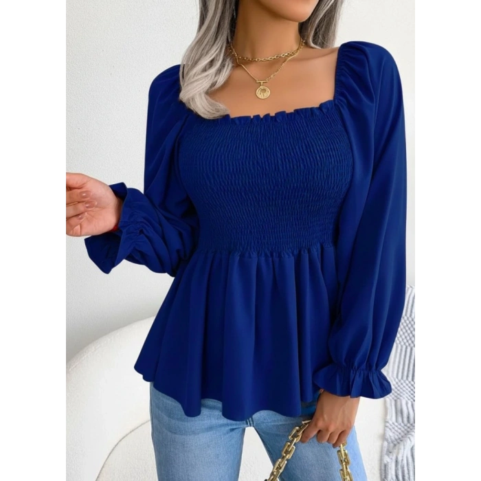 MDB Kadın Uzun Kollu Geometrik Yakalı Gipe Detaylı Krep Bluz