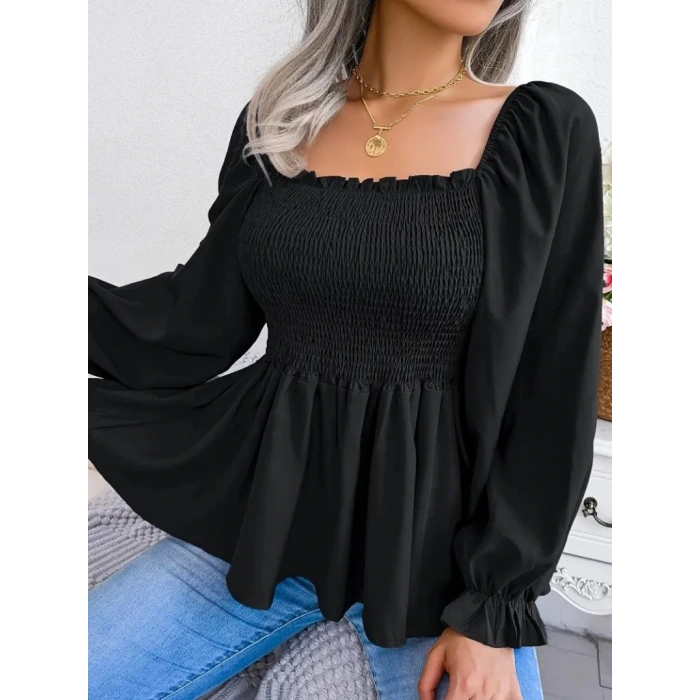 MDB Kadın Uzun Kollu Geometrik Yakalı Gipe Detaylı Krep Bluz