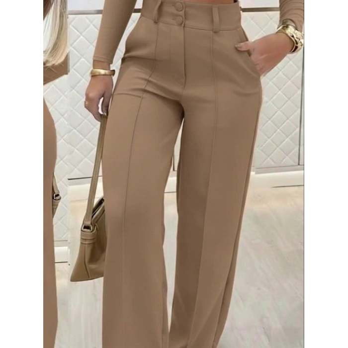 MDB Kadın Uzun Kollu Göğüs Dekolteli Ithal Krep Bluz Ve Pantolon Ikili Takım