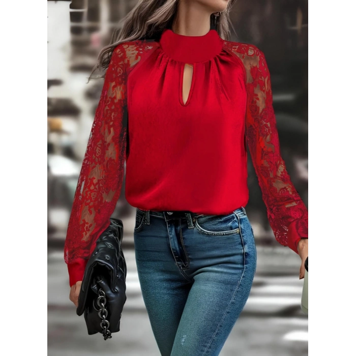 MDB Kadın Uzun Kollu Göğüs Pencere Detay Yaka Boğazlı Kolları Tüllü Sandy Bluz