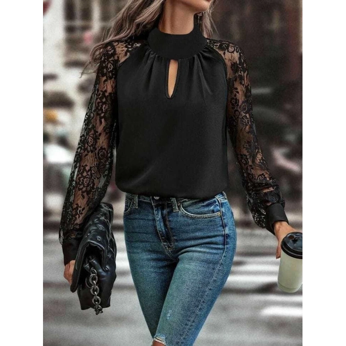 MDB Kadın Uzun Kollu Göğüs Pencere Detay Yaka Boğazlı Kolları Tüllü Sandy Bluz