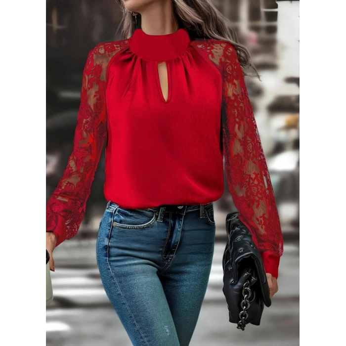 MDB Kadın Uzun Kollu Göğüs Pencere Detay Yaka Boğazlı Kolları Tüllü Sandy Bluz