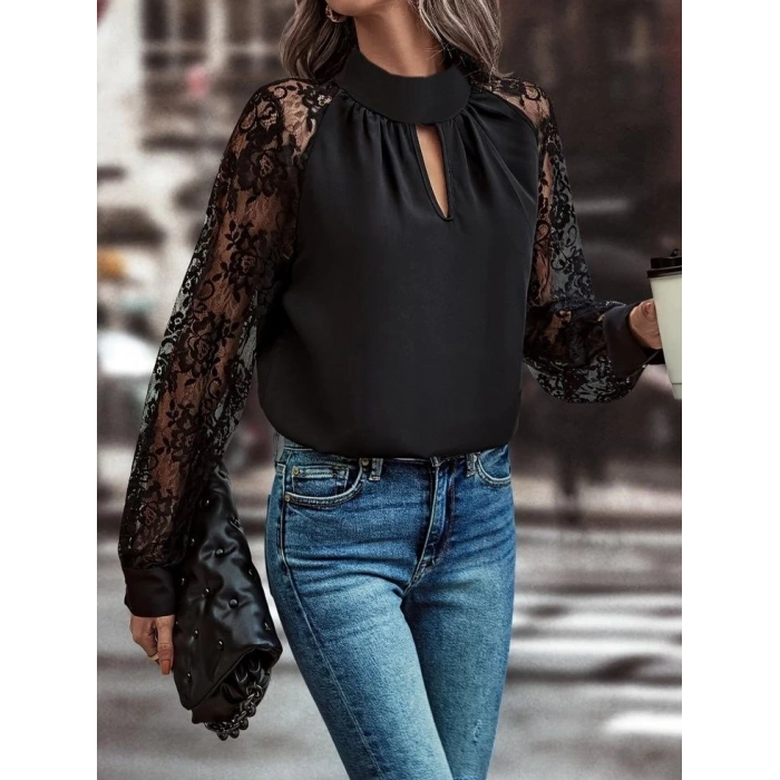 MDB Kadın Uzun Kollu Göğüs Pencere Detay Yaka Boğazlı Kolları Tüllü Sandy Bluz