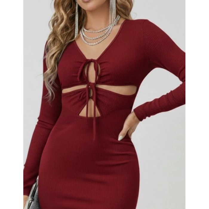 MDB Kadın Uzun Kollu Göğüs Ve Göbek Dekolte Detay Sandy Midi Boy Elbise