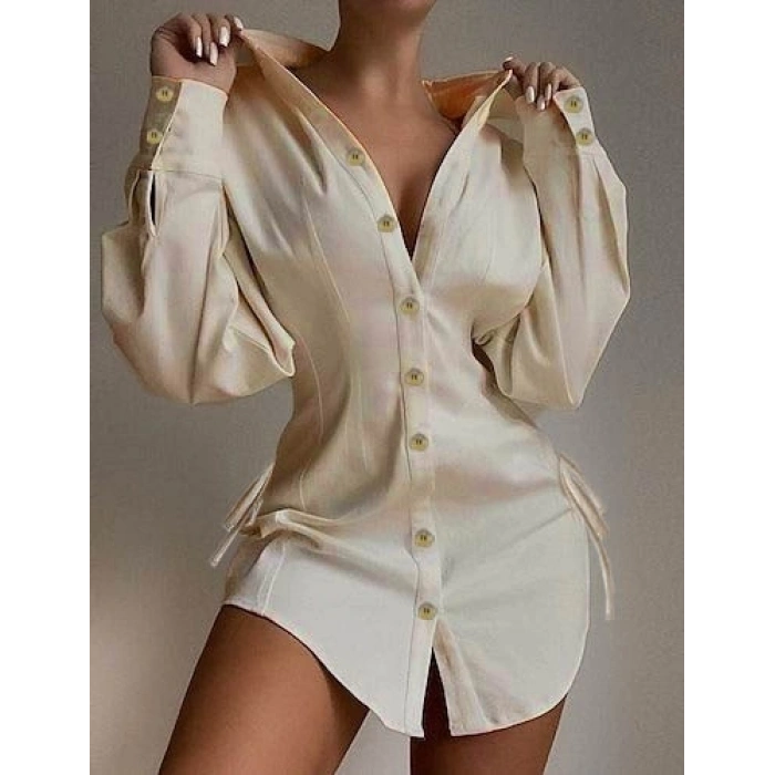 MDB Kadın Uzun Kollu Gömlek Yaka önden Düğmeli Yanlardan Büzgülü Kısa Aerobin Elbise
