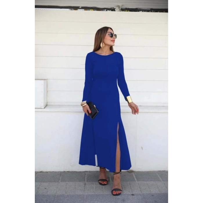 MDB Kadın Uzun Kollu Hafif Kayık Yaka Sırt Dekolteli Yırtmaç Detaylı Viskon Tam Boy Elbise