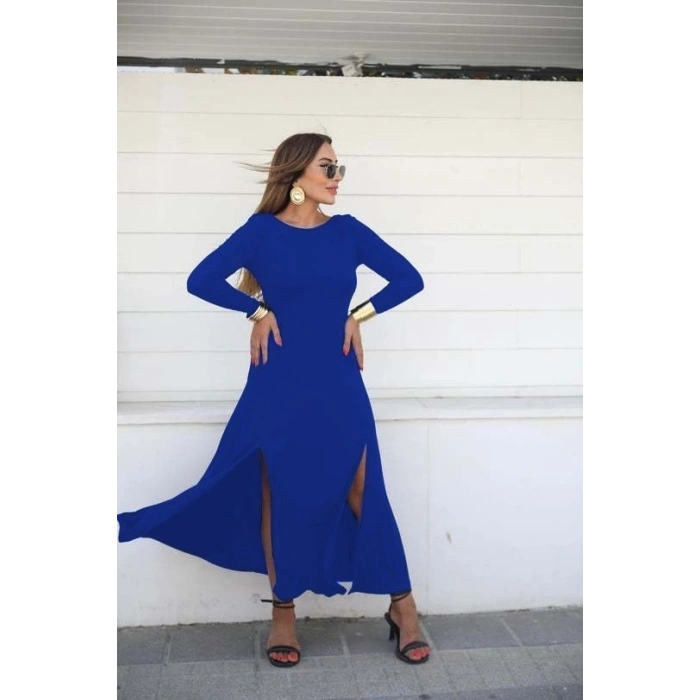 MDB Kadın Uzun Kollu Hafif Kayık Yaka Sırt Dekolteli Yırtmaç Detaylı Viskon Tam Boy Elbise