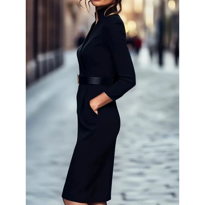 MDB Kadın Uzun Kollu Hakim Yaka Beli Kemerli Cepli Midi Ithal Krep Elbise